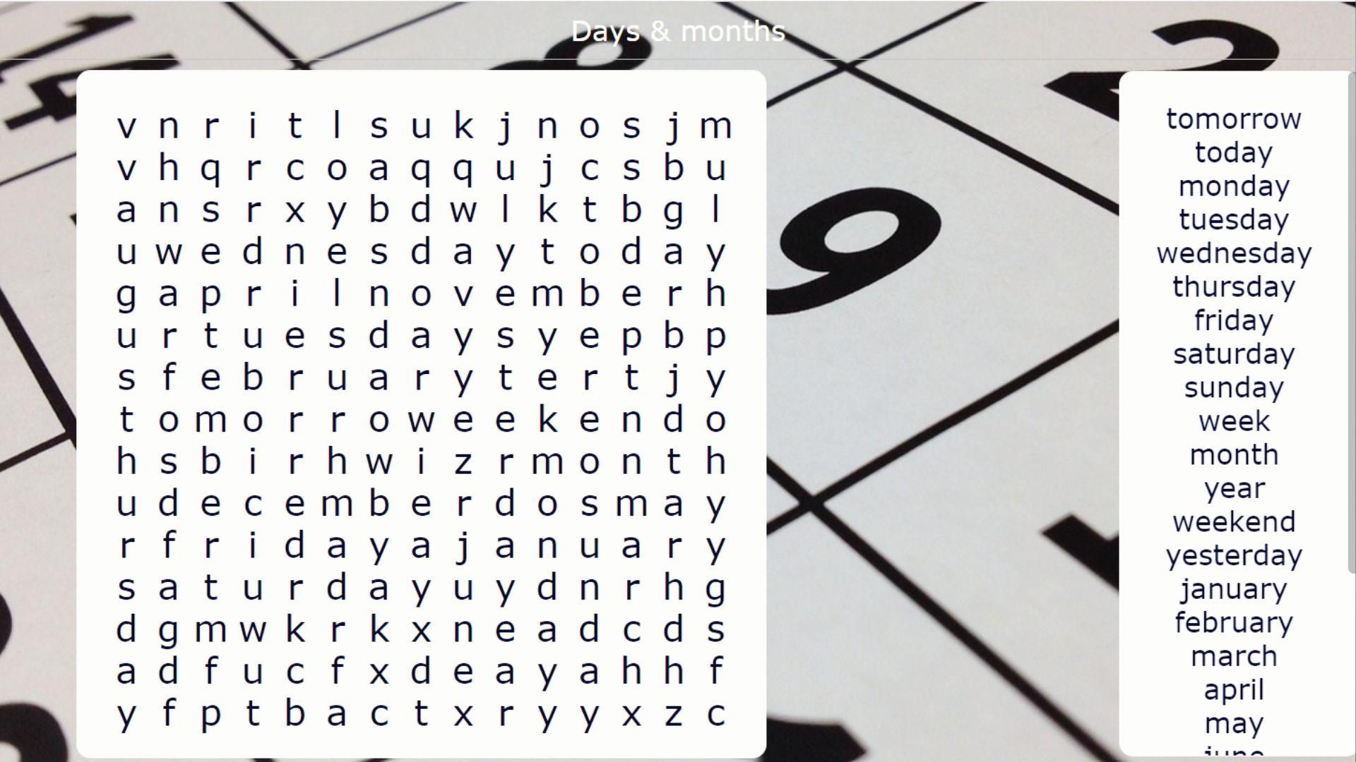 Word search puzzle for days and months teaches spelling through calendar themed search activity