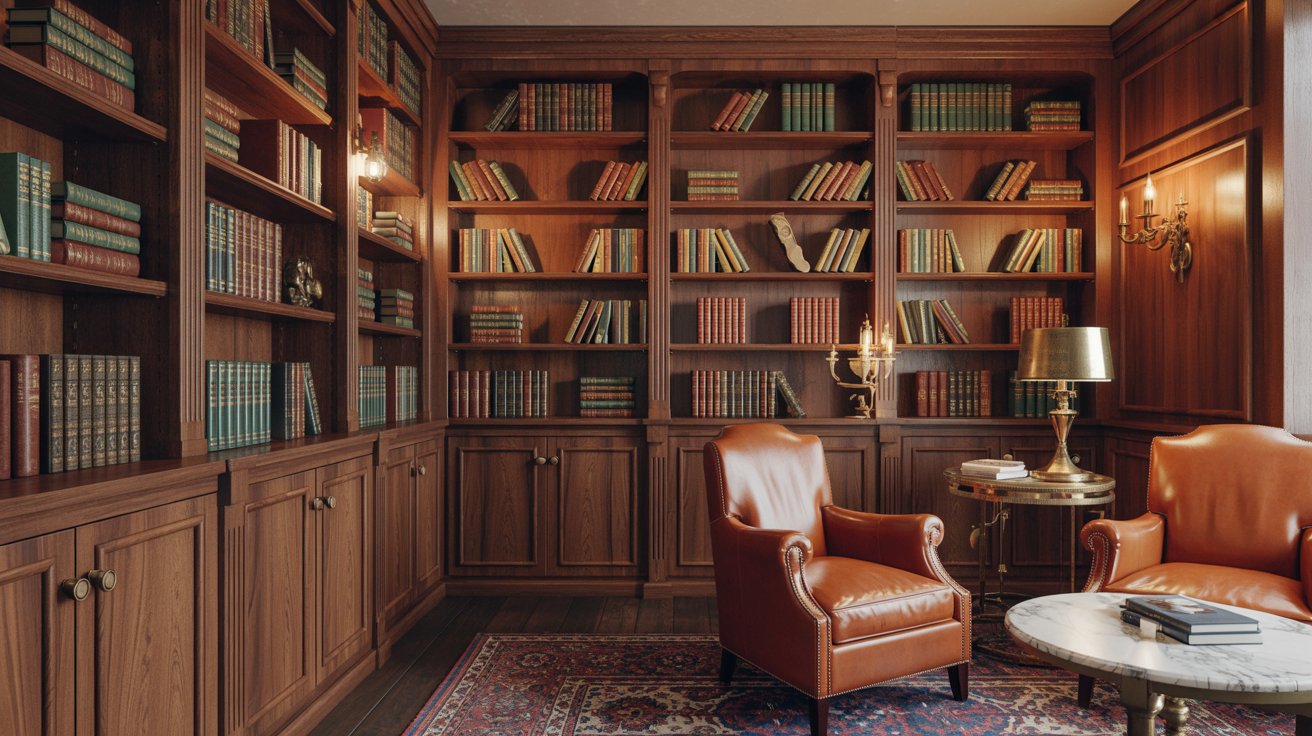 "Classic dark wood floor-to-ceiling bookshelves in a traditional home library with leather furniture and warm lighting."