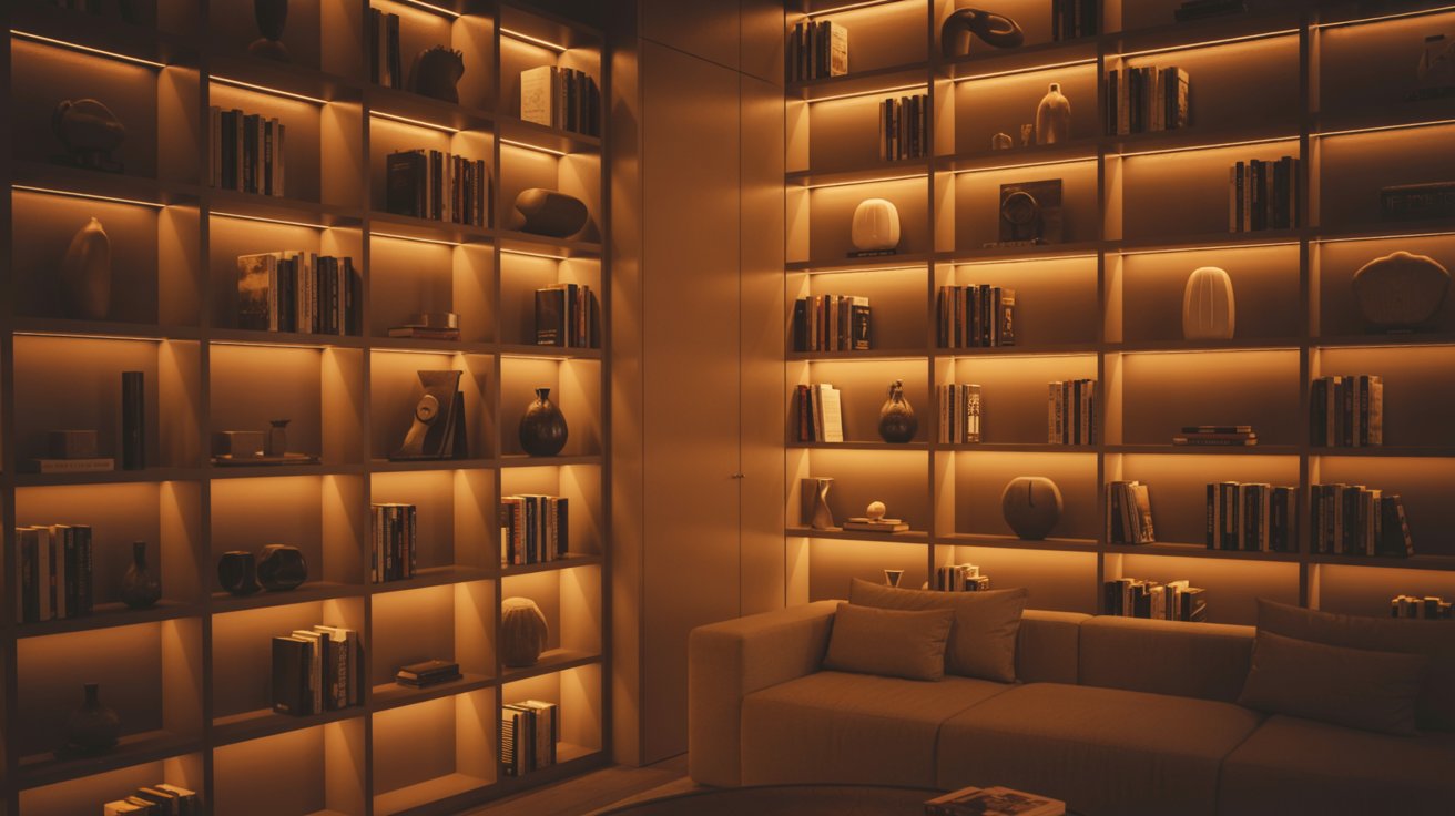 "LED backlit floor-to-ceiling built-in bookshelves creating a warm ambient glow in a modern living room."