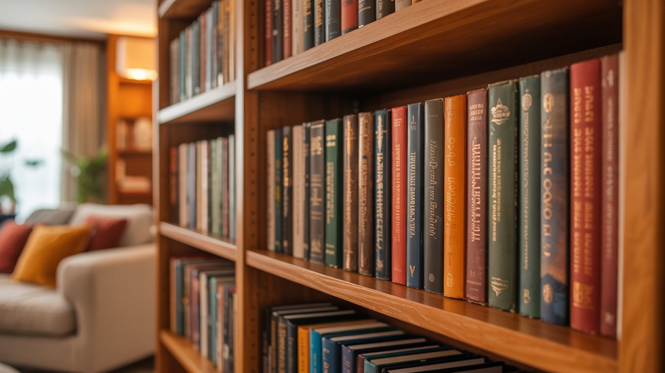 Standard depth bookshelf holding hardcover books neatly aligned with no overhang in home interior