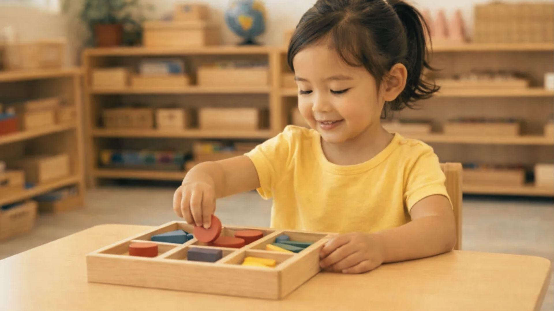A girl in a yellow shirt sorts wooden geometric shapes into a divided tray at a classroom table.