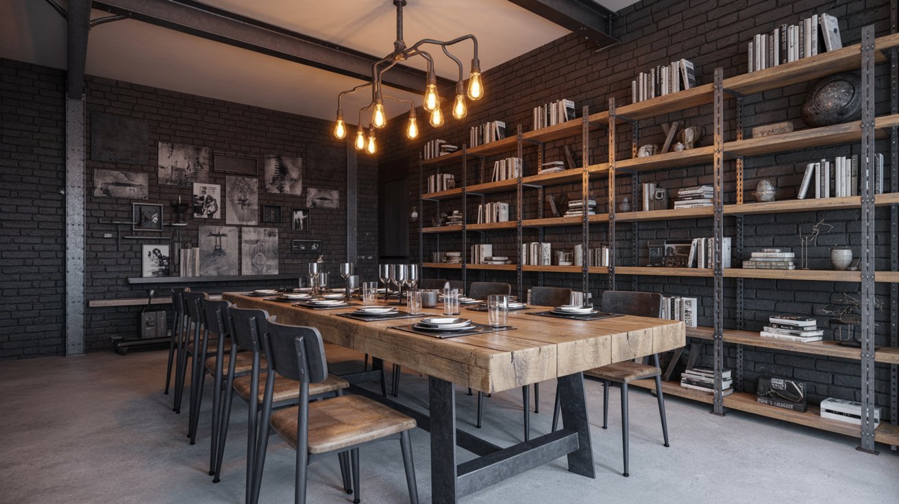 Industrial dining space with metal shelves, brick walls, dark tones, and warm Edison lighting