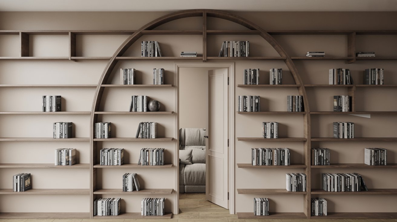 "Bookshelves built around a door frame forming a stylish archway with books in a modern small home library setup."