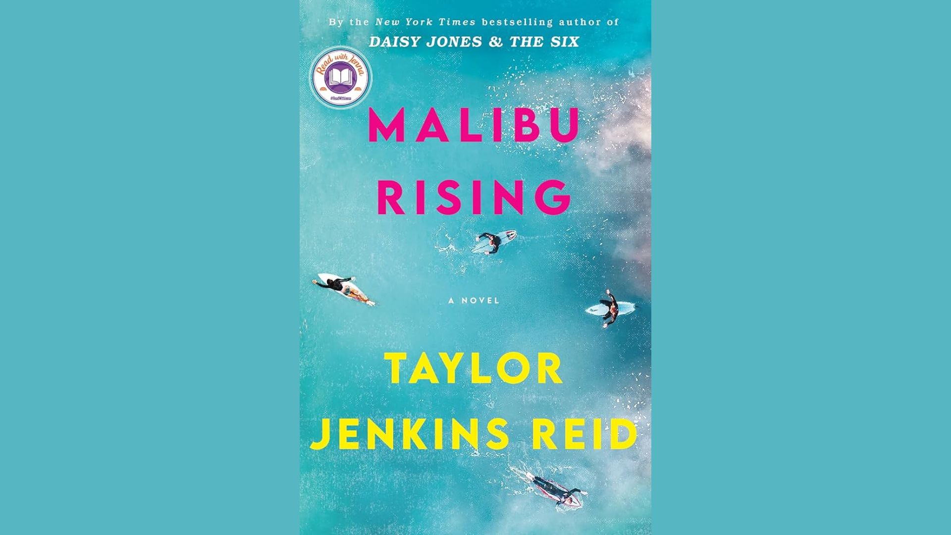 "Cover art for the book 'Malibu Rising,' featuring a vibrant beach scene with waves and a sunset backdrop."