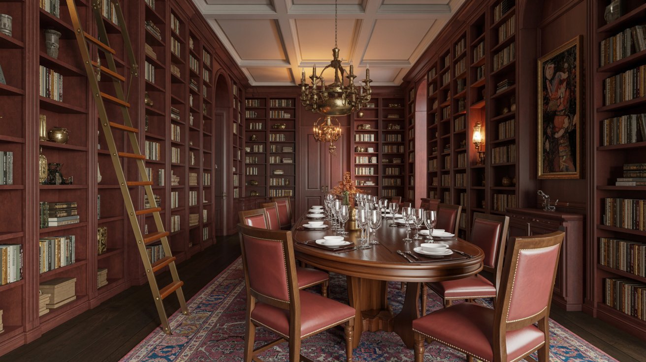 Luxury dining room with tall shelves, rolling ladder, elegant table, and warm upscale ambiance