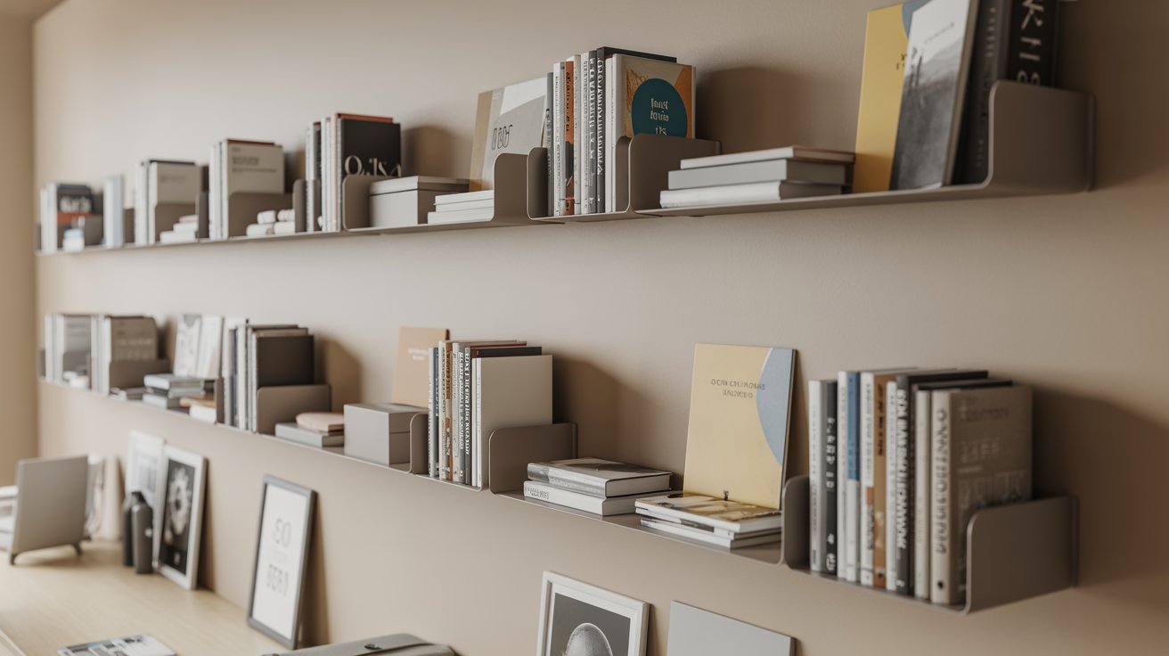 "Wall-mounted magnetic book racks holding books flat against a clean, modern wall in a minimal home office."