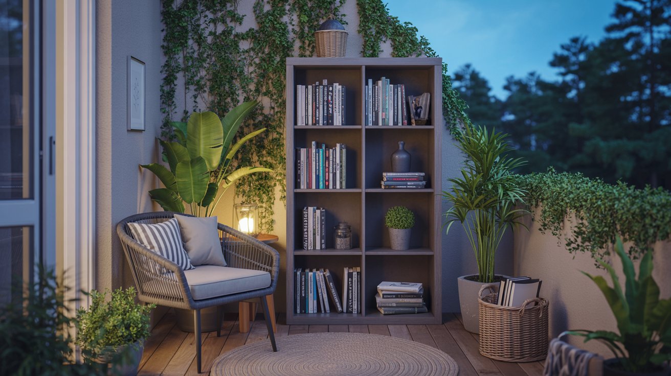 "Cozy balcony mini library with outdoor chair, weather-resistant shelves, books, and plants in a relaxing evening setting."