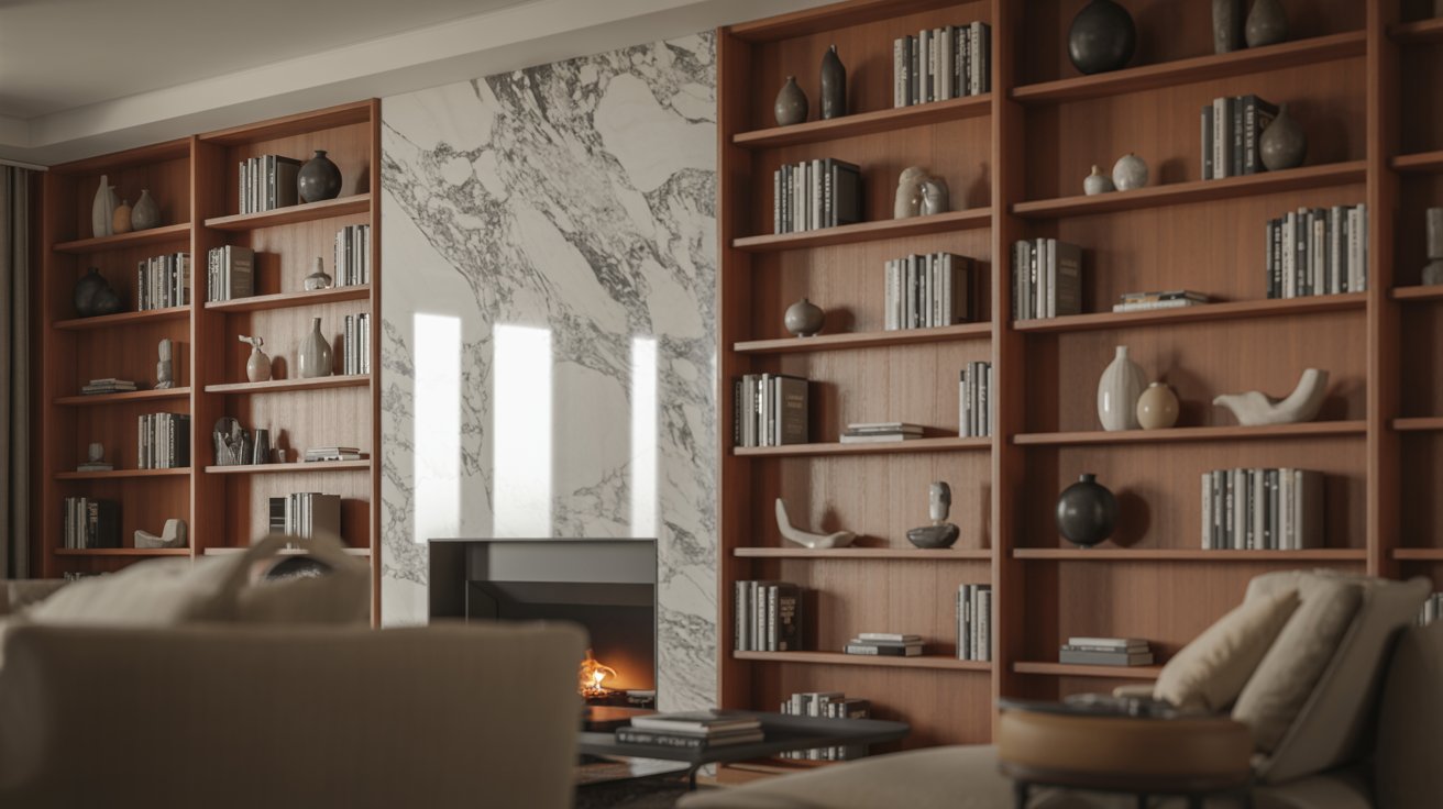 "Luxury floor-to-ceiling built-in bookshelves with marble backdrop in an elegant modern living room interior."