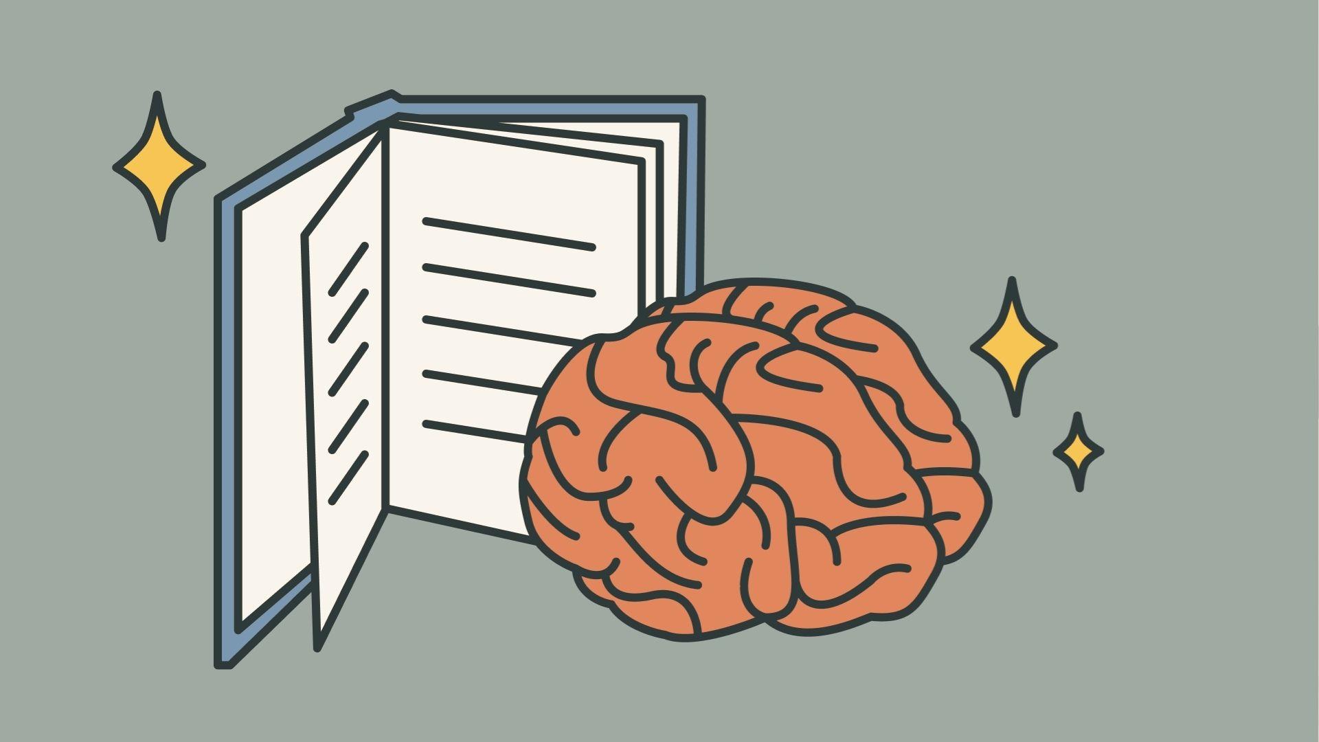 Illustration of an open book next to a brain with sparkles on a sage green background.