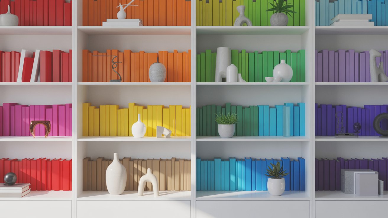 Bookshelf with color coordinated books, organized decor, vibrant styling in small living room