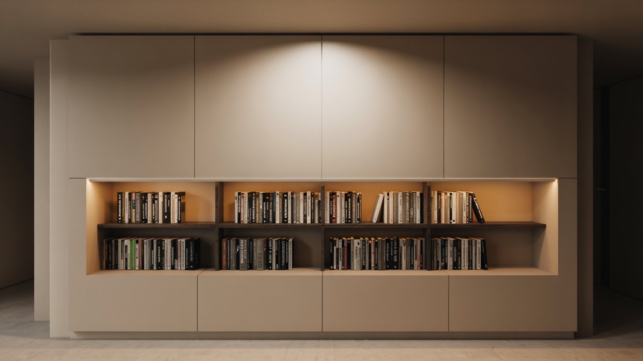 "Wall niche bookshelf with spotlight lighting highlighting neatly arranged books in a warm, modern interior."
