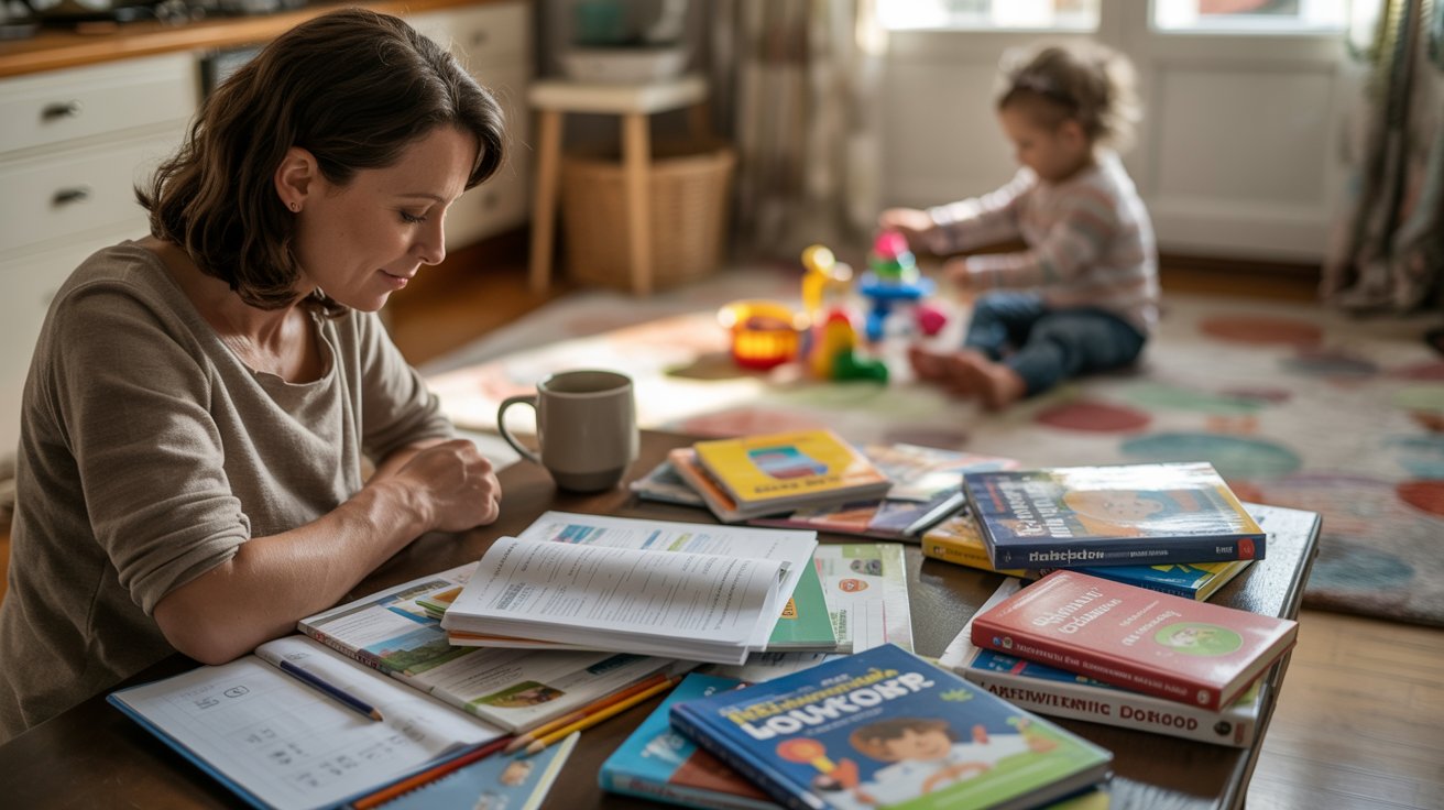 Parent comparing homeschool curriculum materials while child plays and learns in the background at home.