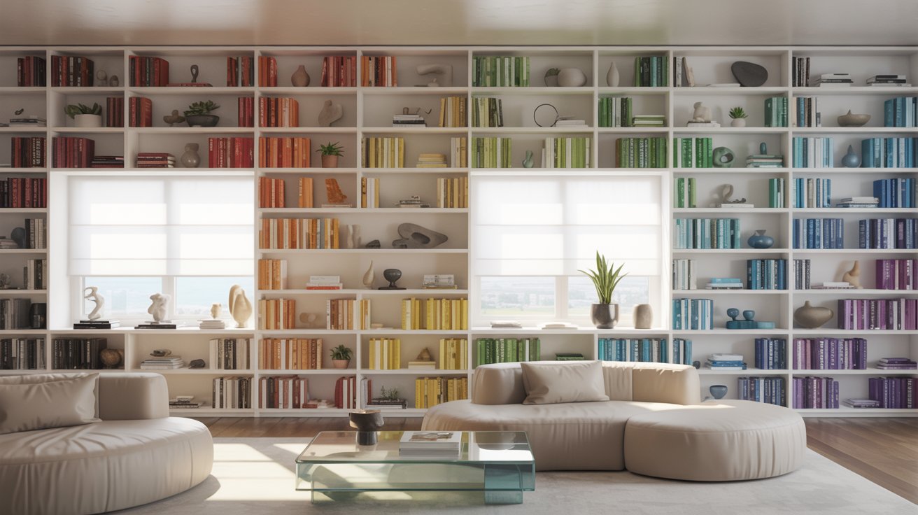 "Floor-to-ceiling built-in bookshelves with color-coded rainbow book organization in a modern stylish living room."
