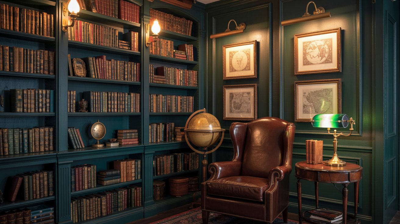 "Dark academia library wall with floor-to-ceiling bookshelves, antique books, brass lighting, and rich moody interior design."