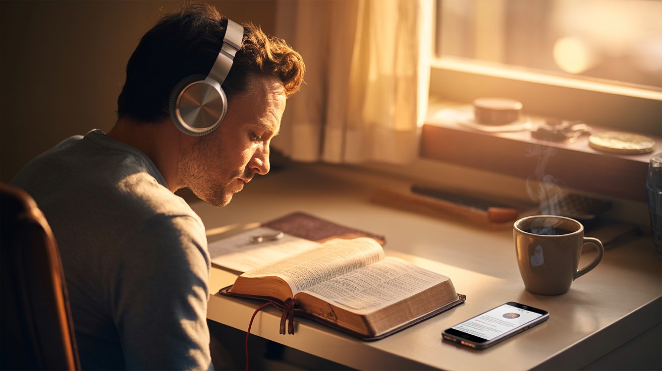 Person reading Bible with headphones and Bible app in calm morning study space indoors