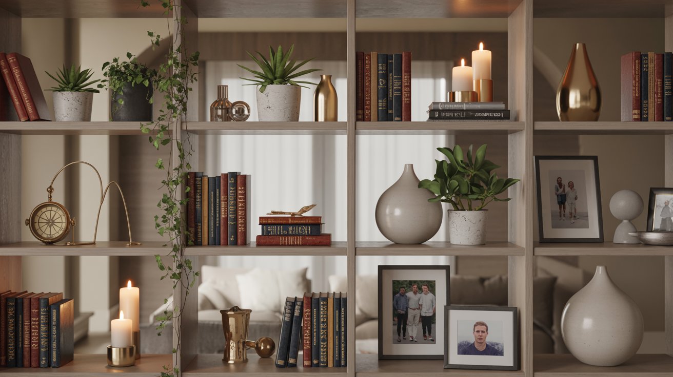 Fully styled bookshelf with layered decor plants candles and balanced arrangement creating warm finished look.