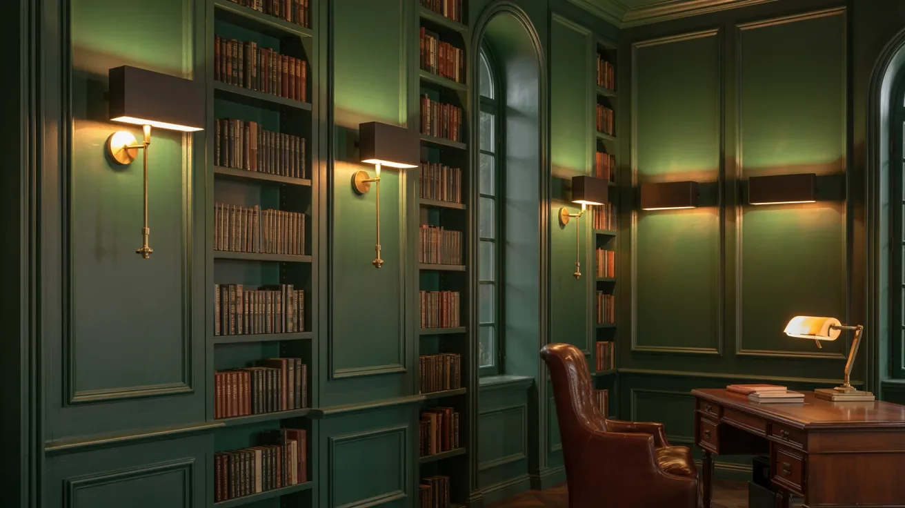 Wall sconces casting warm light in a dark green home library beside bookshelves.