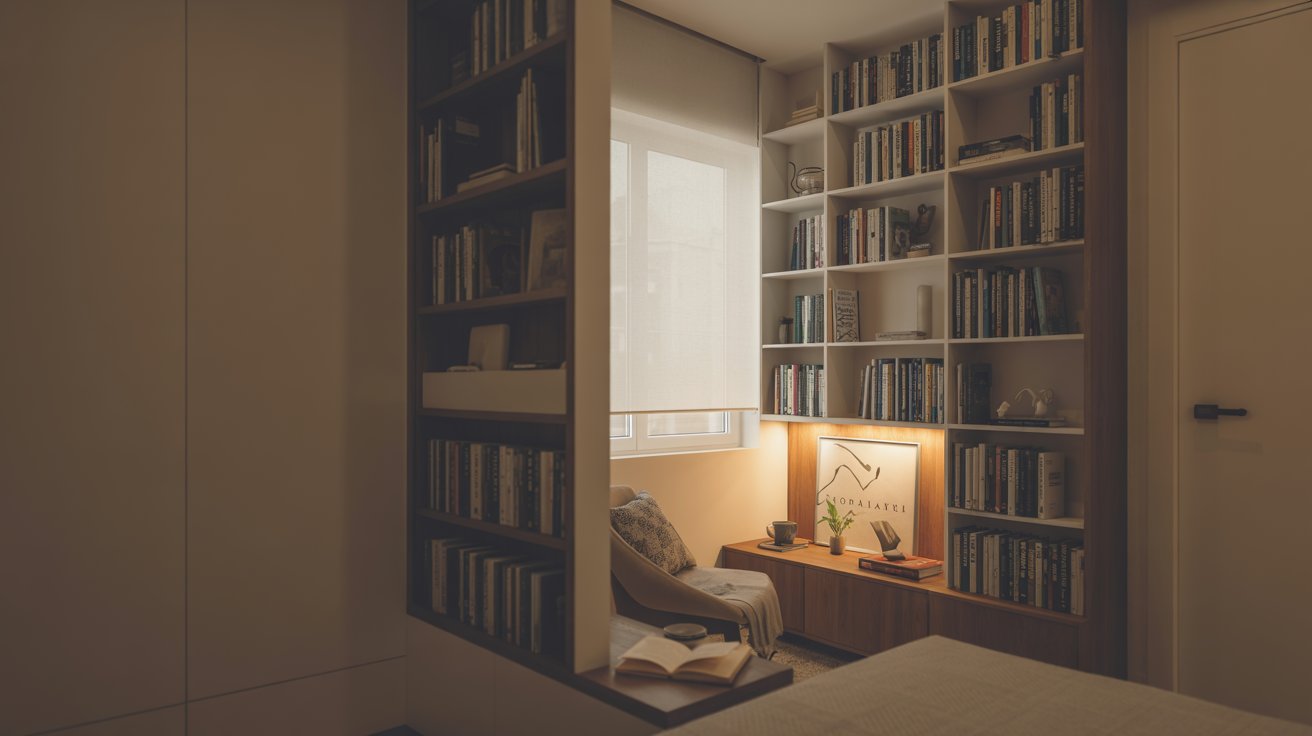 "Small home library in a modern apartment corner with wall shelves, cozy chair, and warm lighting creating a peaceful reading space."