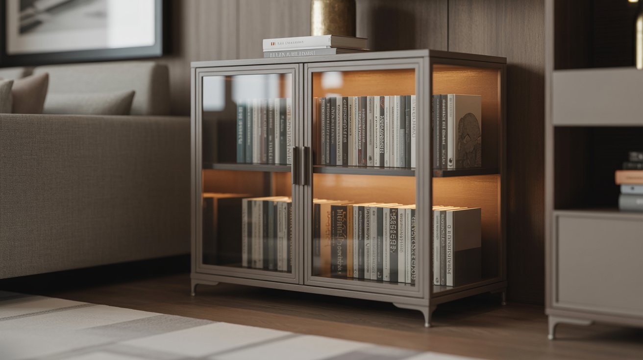 "Glass-enclosed book cabinet with softly lit shelves displaying neatly arranged books in a refined home library setup."