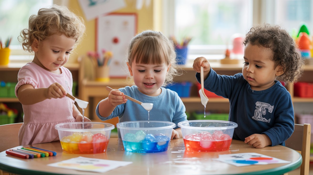 Three kindergarten children use spoons to find melting colored ice in clear bowls.