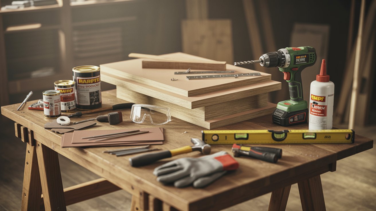 "Workshop table with woodworking tools, boards, and DIY materials neatly arranged"