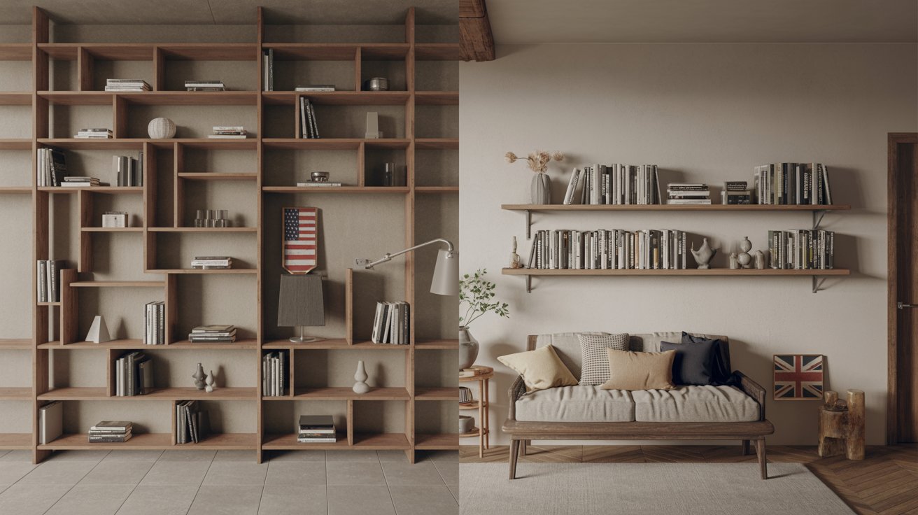 "Split-view of American modern loft bookcase and British cozy home bookshelf showing cultural differences in furniture style and usage"