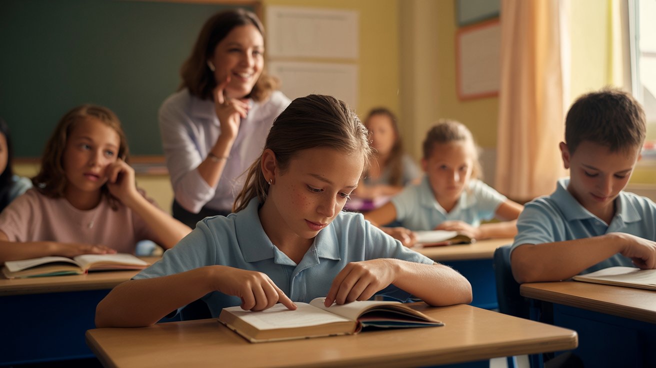Nervous student waiting to be called on for reading in the classroom setting.