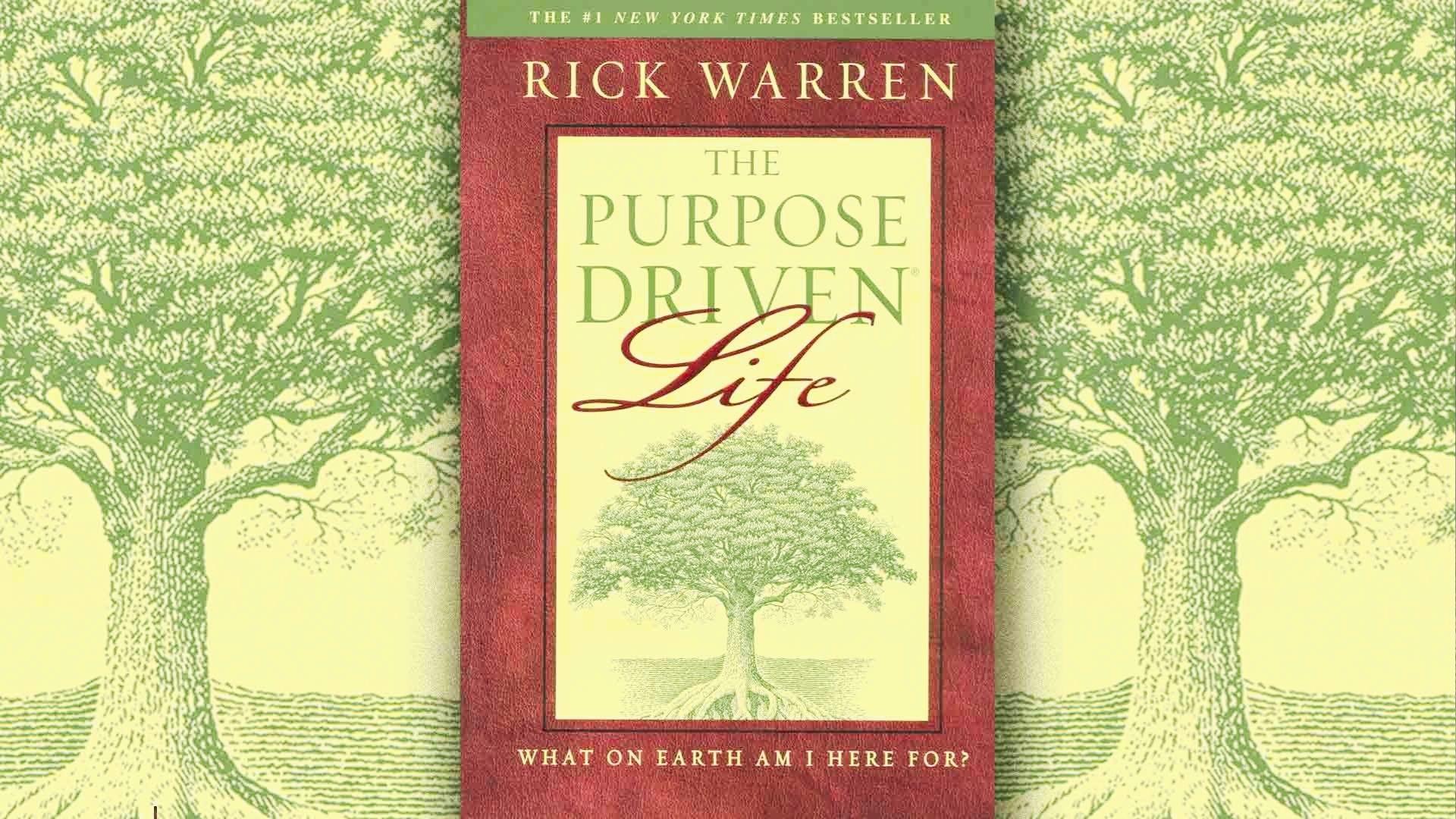 A book cover titled "The Purpose Driven Life" featuring a serene landscape and a path leading towards a bright horizon.
