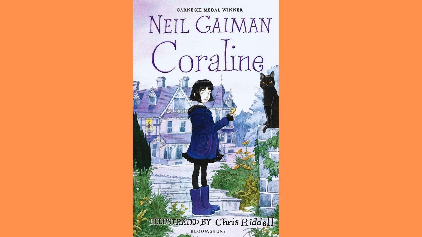 Coraline by Neil Gaiman cover showing girl in blue coat and boots beside black cat outside house.