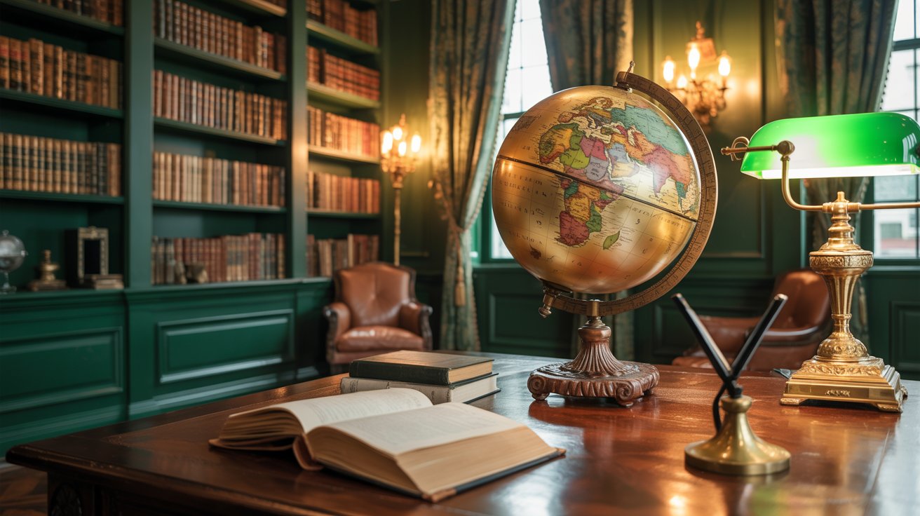 Antique globe on desk in dark green home library with warm scholarly aesthetic.