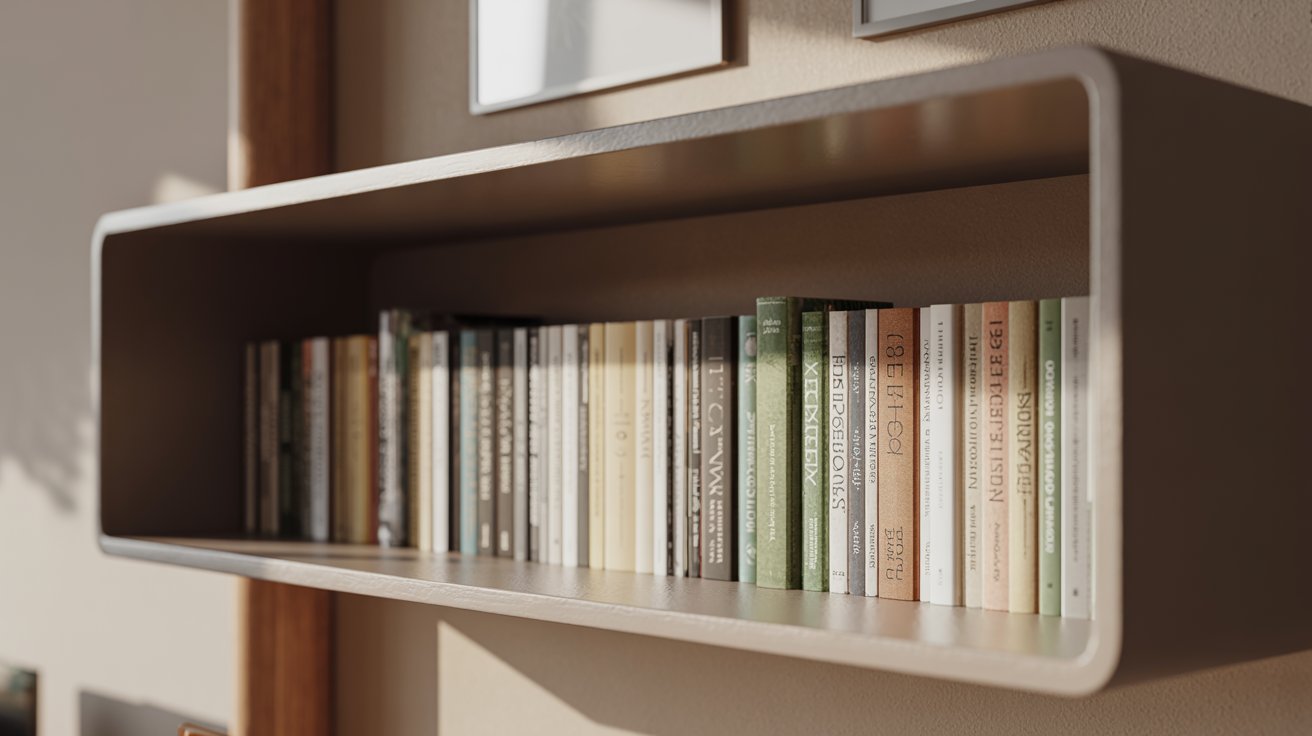 Compact shallow bookshelf with paperbacks neatly arranged in a modern minimal interior setting