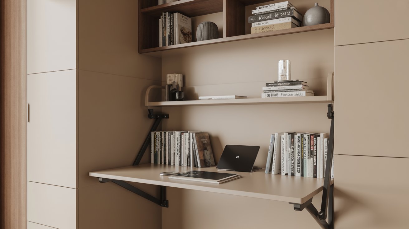 "Foldable wall-mounted desk with shelves above, creating a compact work-and-reading setup in a small modern room."