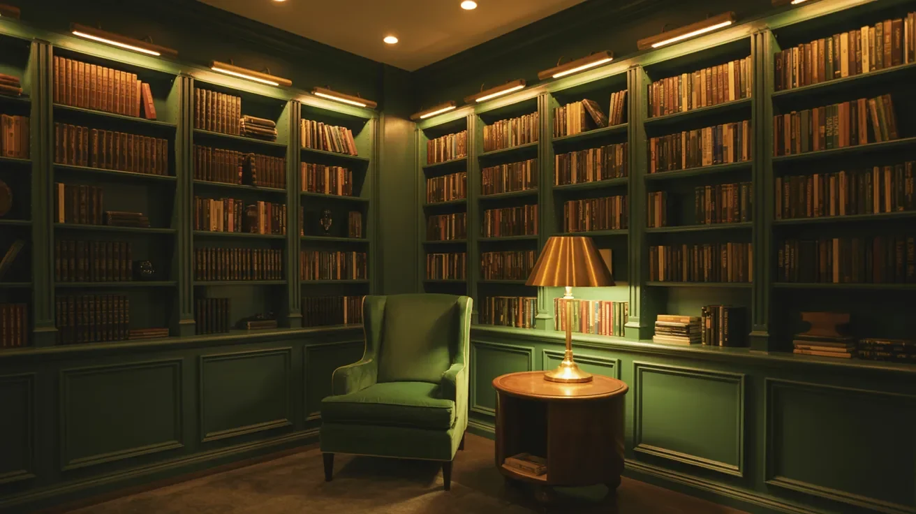Dark green home library lit with warm ambient lighting creating a cozy and inviting atmosphere.