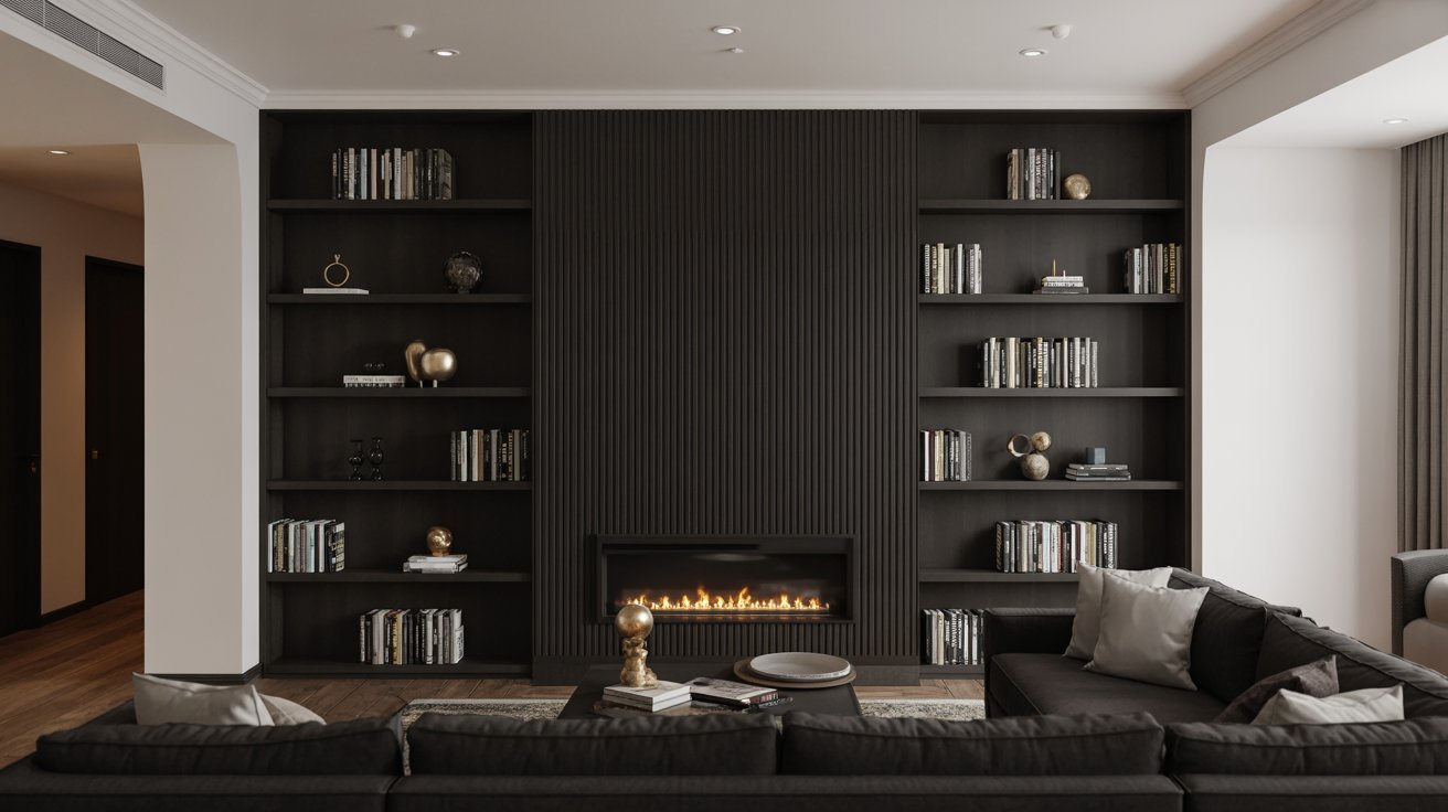 "Modern black built in bookshelves around a fireplace creating bold contrast in a contemporary living room."