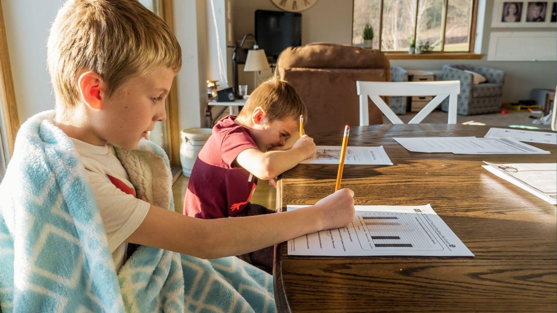 Two boys completing worksheets at the home table to practice consistent daily homework routines.