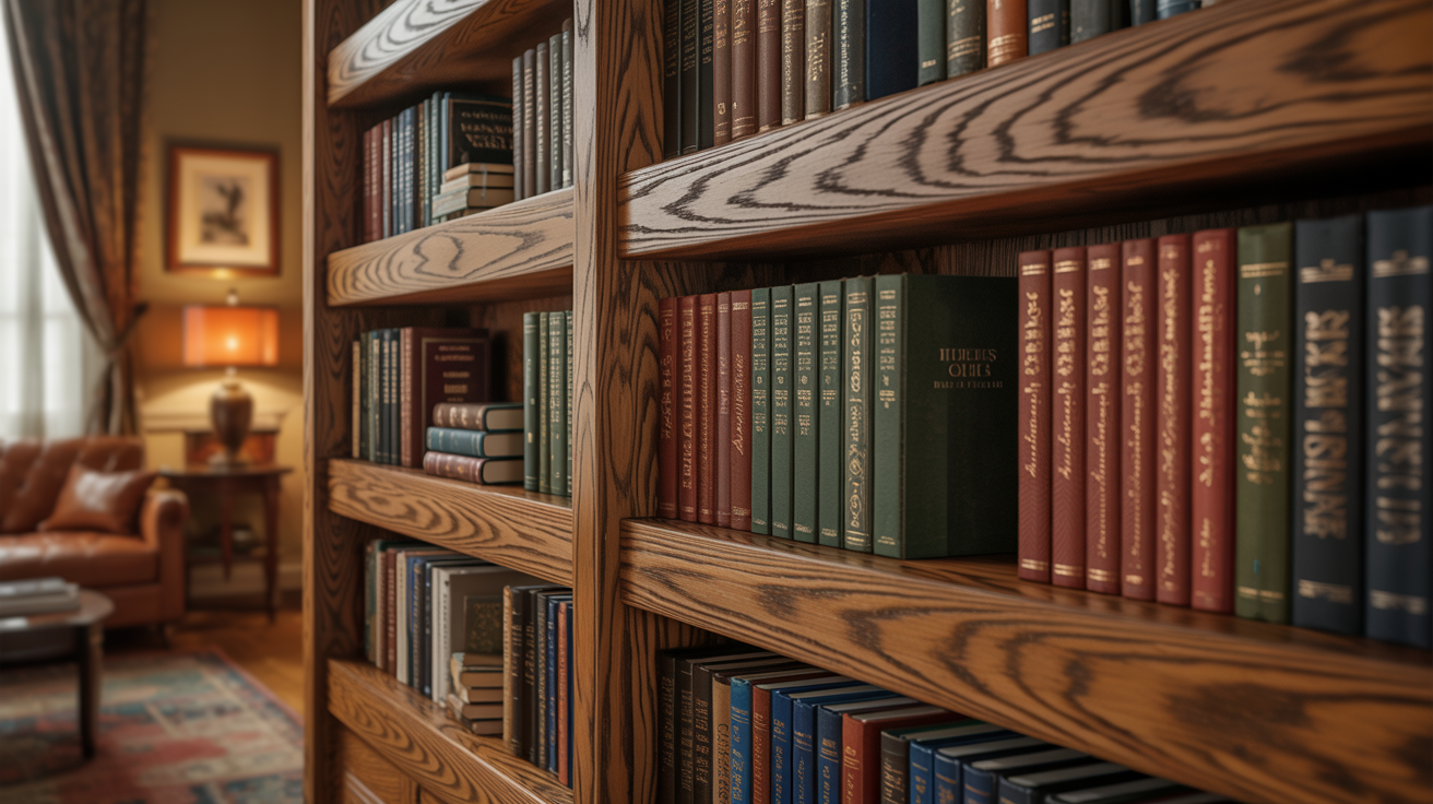 Solid oak bookshelf holding heavy books with bold grain in warm classic living room