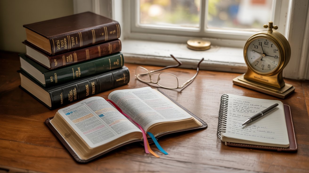 Open Bible beside clock, notebook, and reading glasses in warm peaceful study room setting