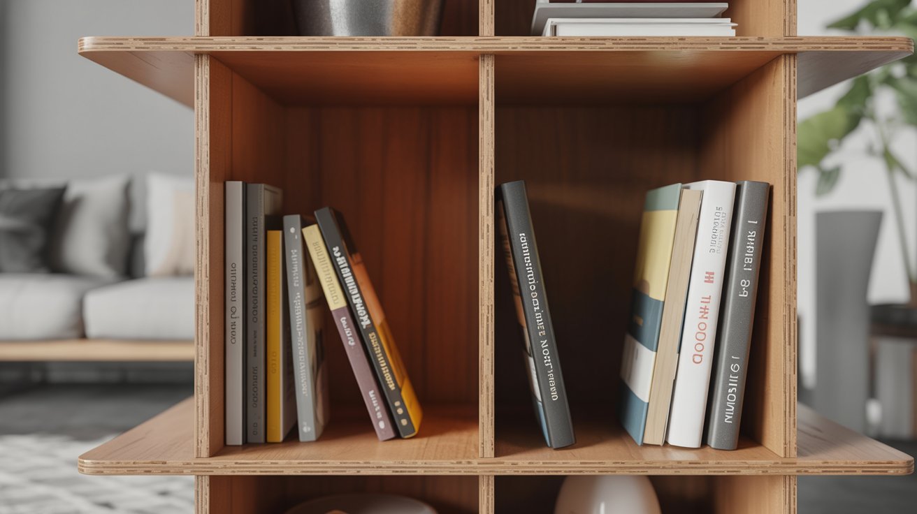 Cutaway bookshelf showing reduced internal depth compared to outer frame with books inside modern interior