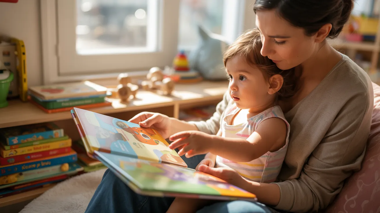 Parent reading picture book to toddler in cozy home setting supporting early language development.