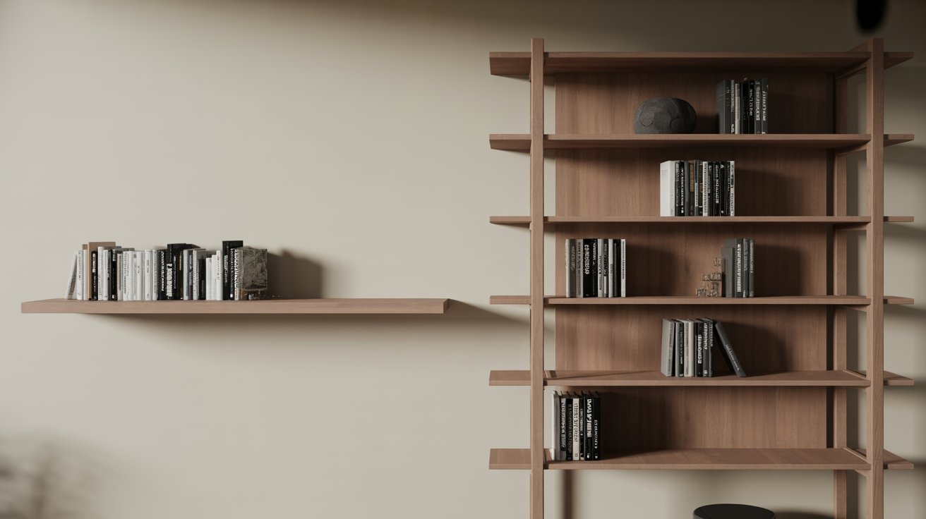 "Comparison of a simple wall-mounted bookshelf and a full freestanding bookcase unit in a modern interior setting"