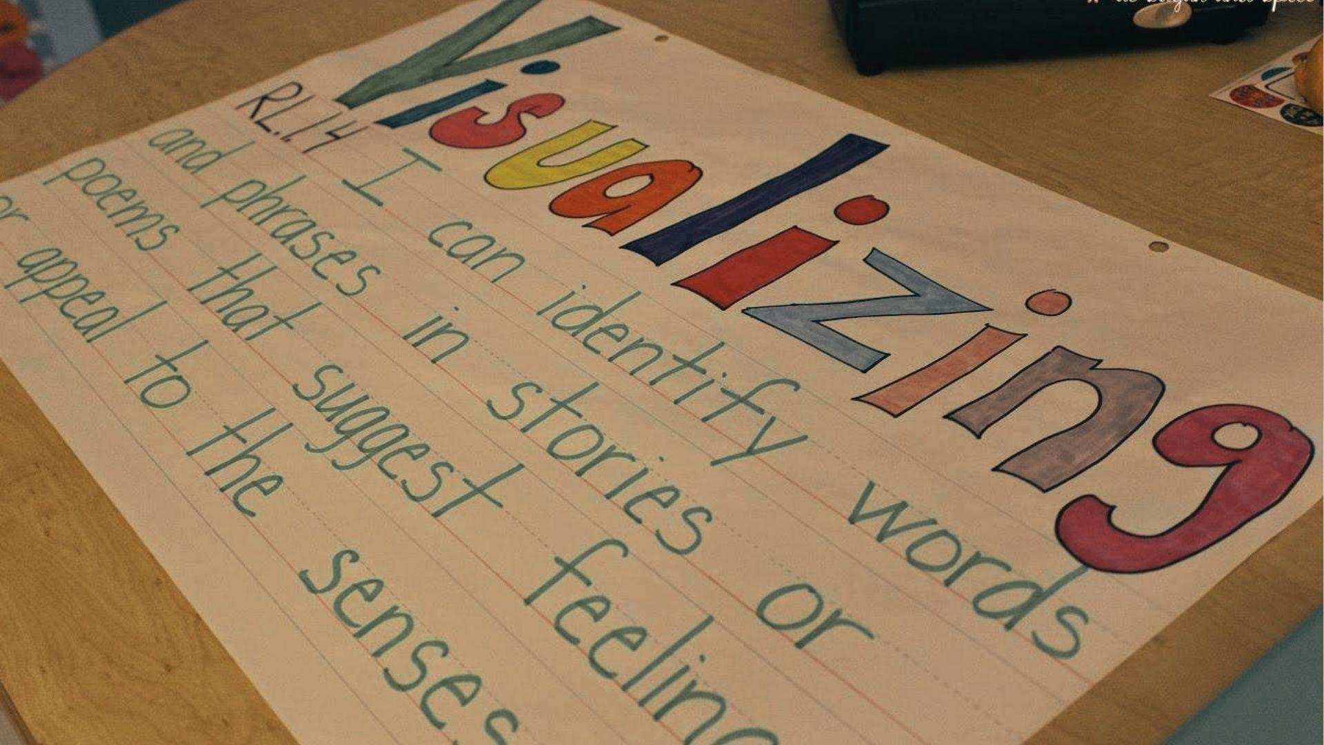 Handwritten anchor chart titled "Visualizing" describes identifying words and phrases that appeal to the senses.