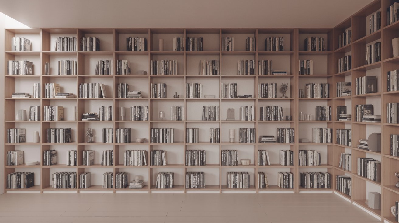 "Floor-to-ceiling compact library wall gallery with neatly arranged books in a modern small home interior."