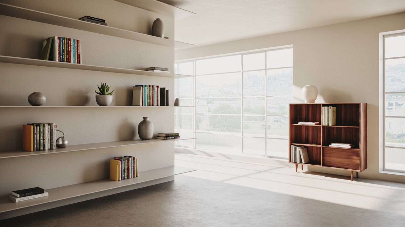 "Modern minimalist home interior contrasting open wall-mounted bookshelves with a traditional freestanding bookcase showing evolving furniture design trends"