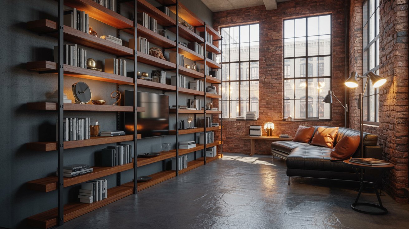 "Industrial loft with floor-to-ceiling metal frame bookshelves, reclaimed wood shelves, and exposed brick interior design."