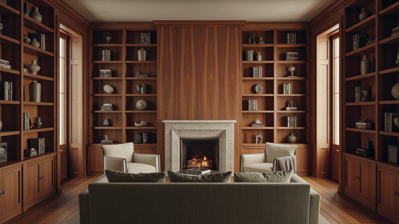"Floor-to-ceiling built in bookshelves symmetrically designed around a modern living room fireplace."