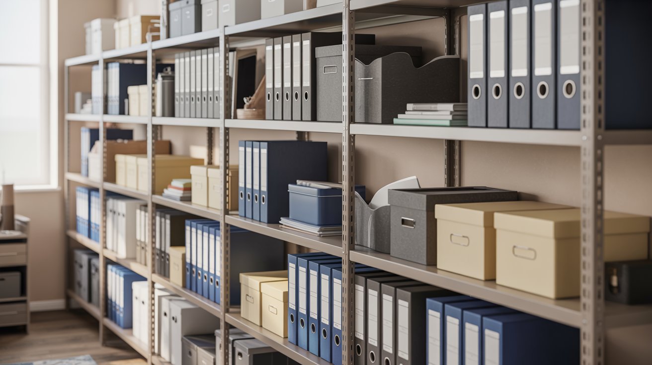 Deep office shelves storing binders files and boxes in an organized modern workspace setting