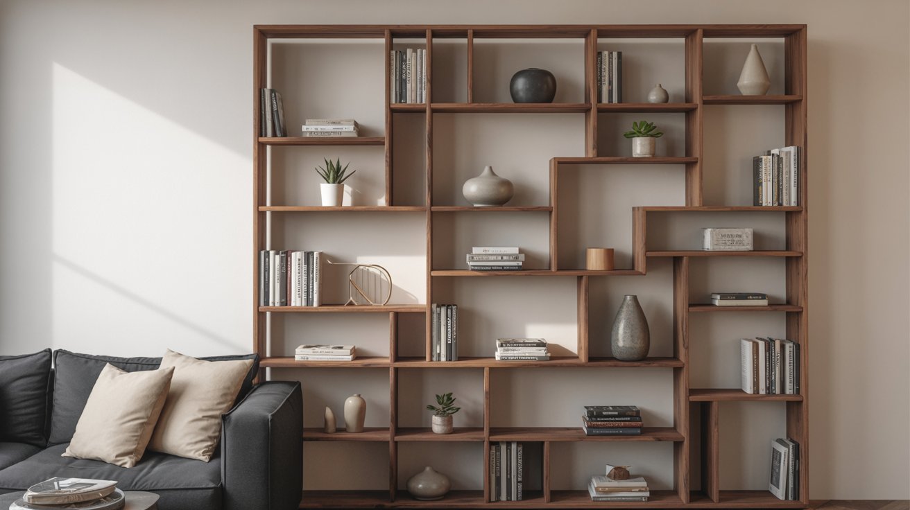 Small living room with asymmetrical bookshelf, unique layout, modern creative interior design style