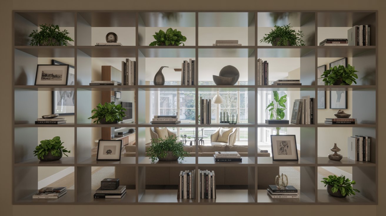 Open back bookshelf used as divider with books plants allowing light in spacious modern room