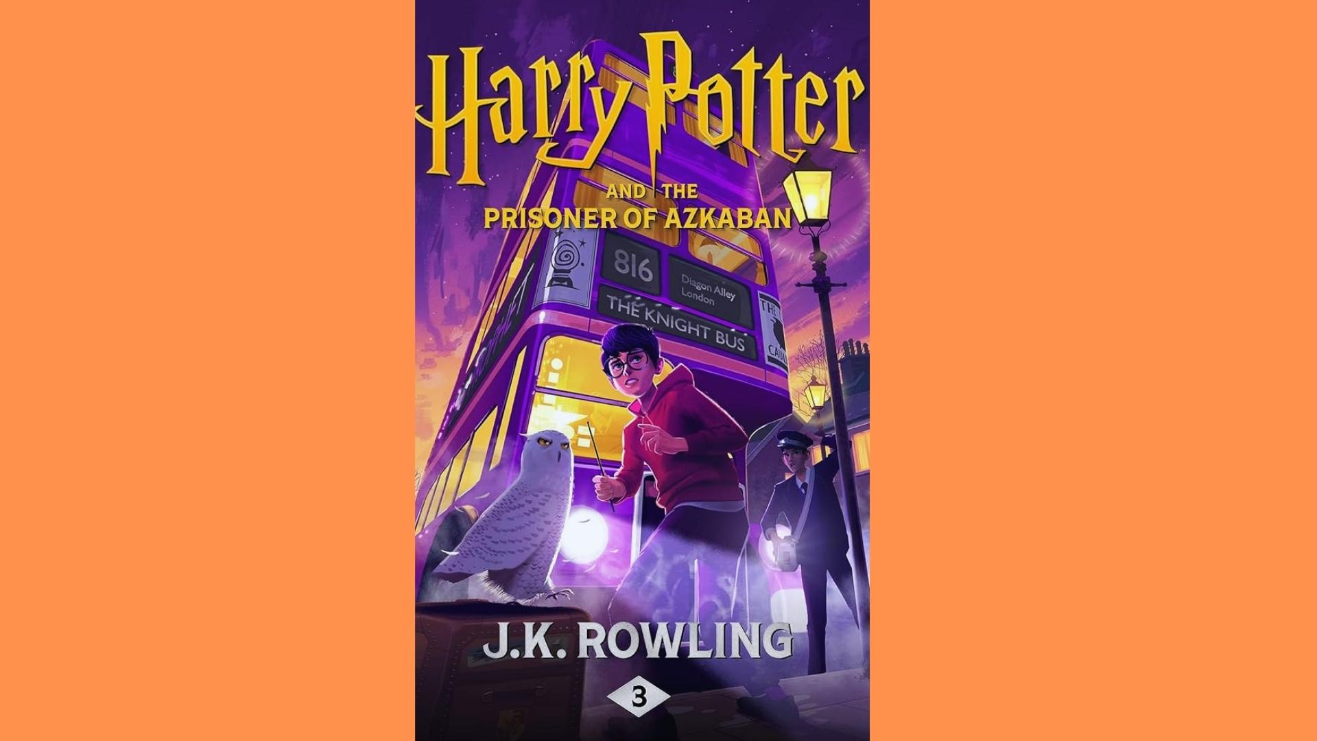 Harry Potter and Prisoner of Azkaban cover with Harry, Hedwig, and purple Knight Bus at night.