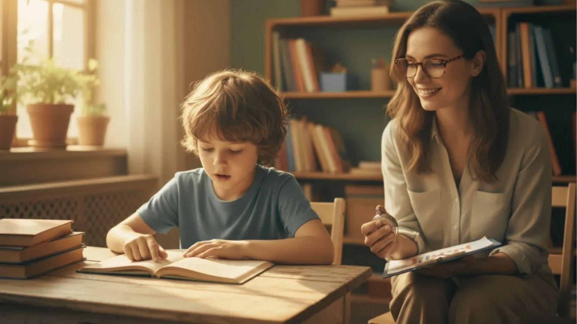 A smiling teacher holds a stopwatch and clipboard while a boy in a blue shirt reads aloud from a book.